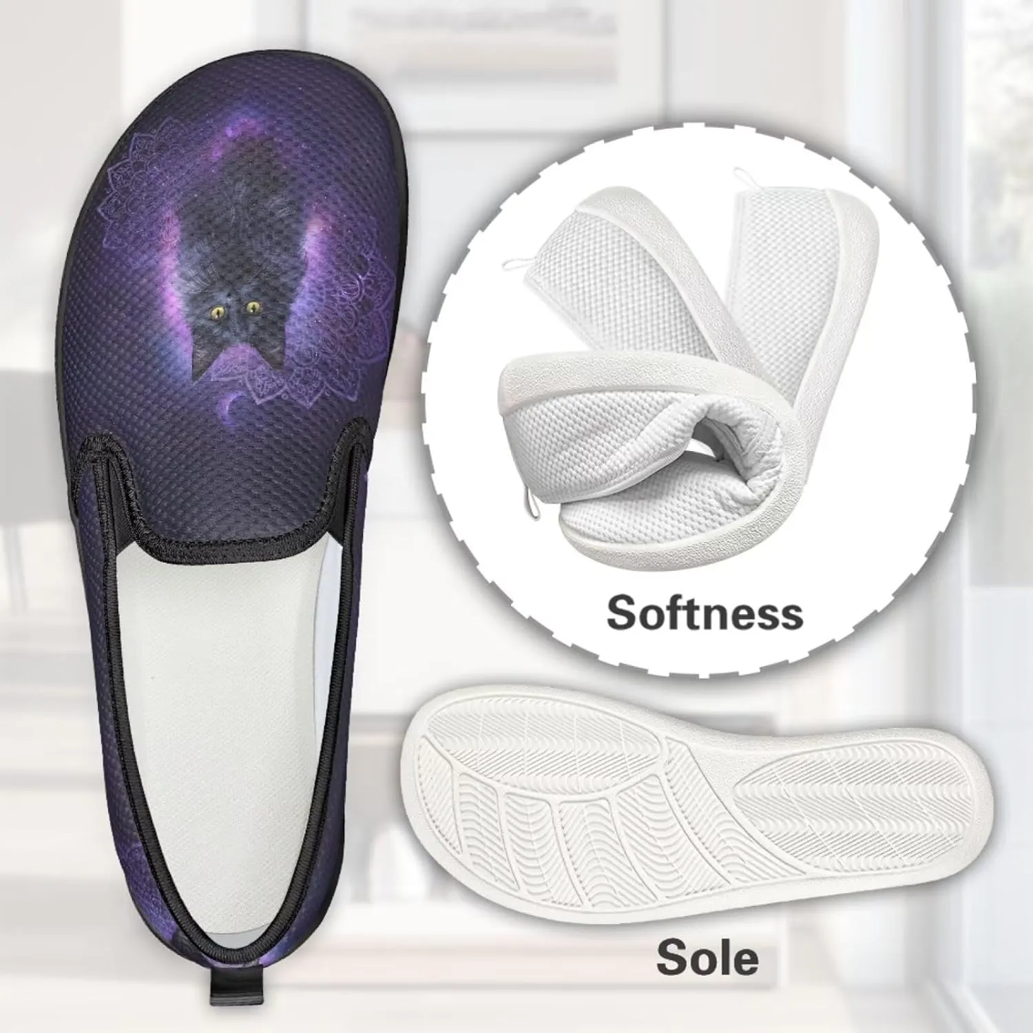 Cat Print Flat Shoes for Women Mesh Slip On Low Top Sneakers Fashion Breathable Casual Loafers for Work