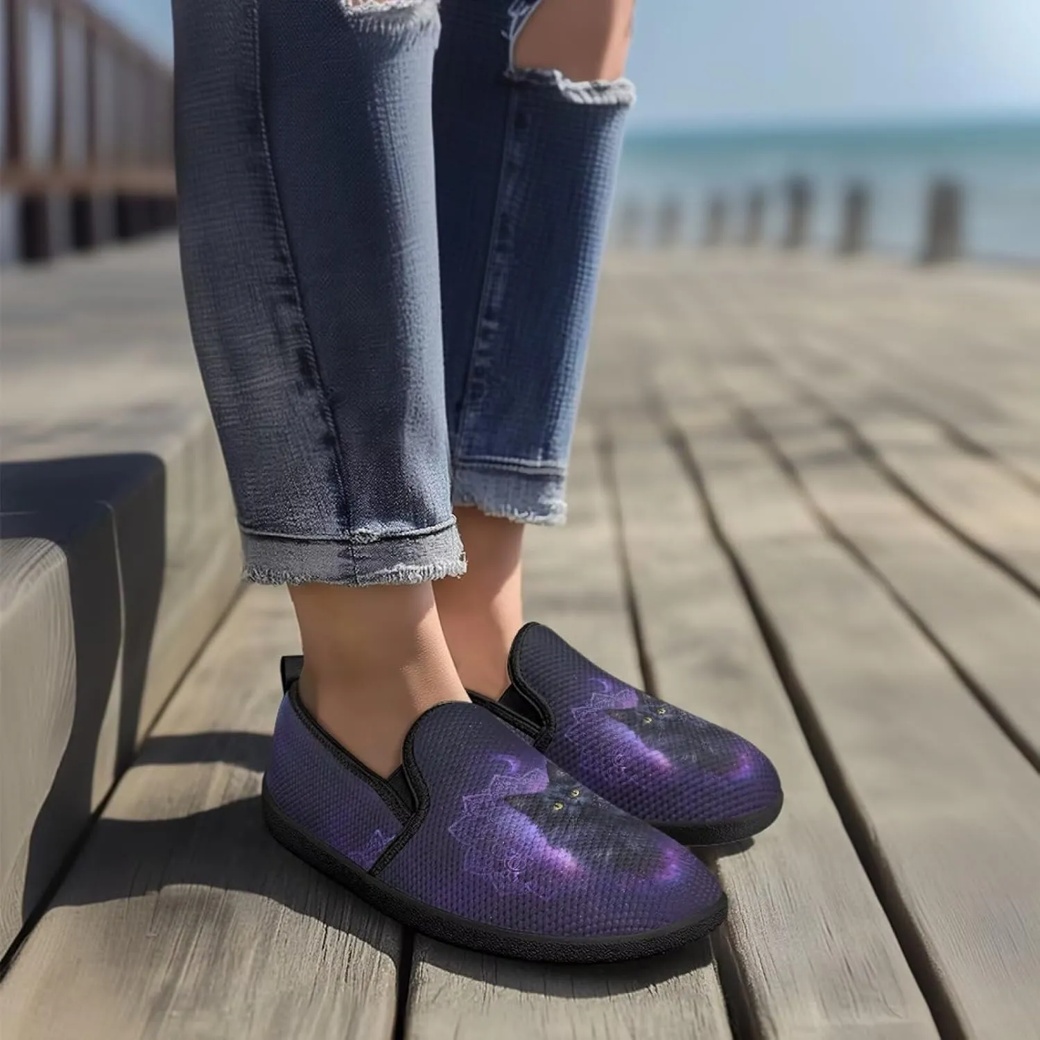 Cat Print Flat Shoes for Women Mesh Slip On Low Top Sneakers Fashion Breathable Casual Loafers for Work