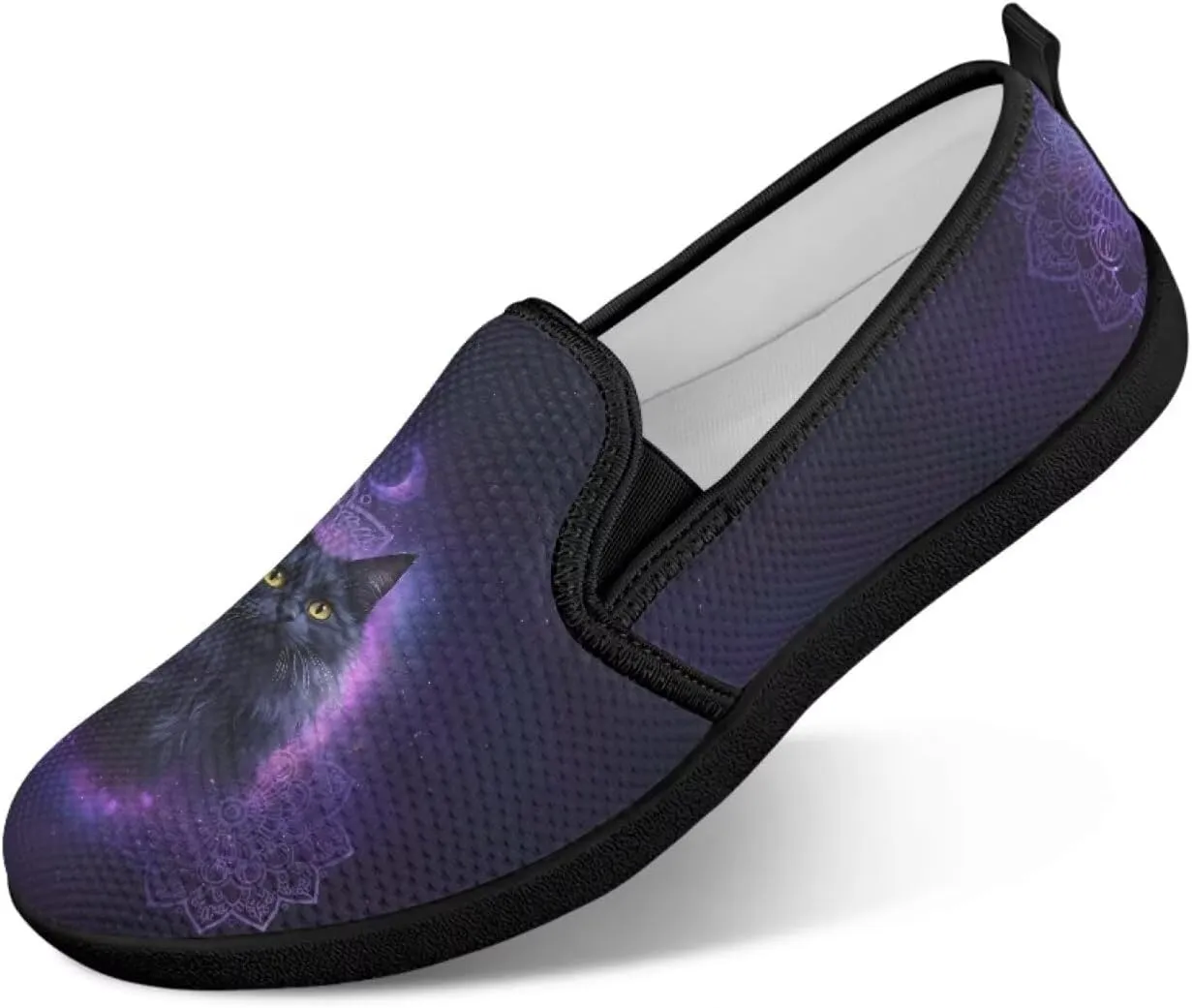 Cat Print Flat Shoes for Women Mesh Slip On Low Top Sneakers Fashion Breathable Casual Loafers for Work