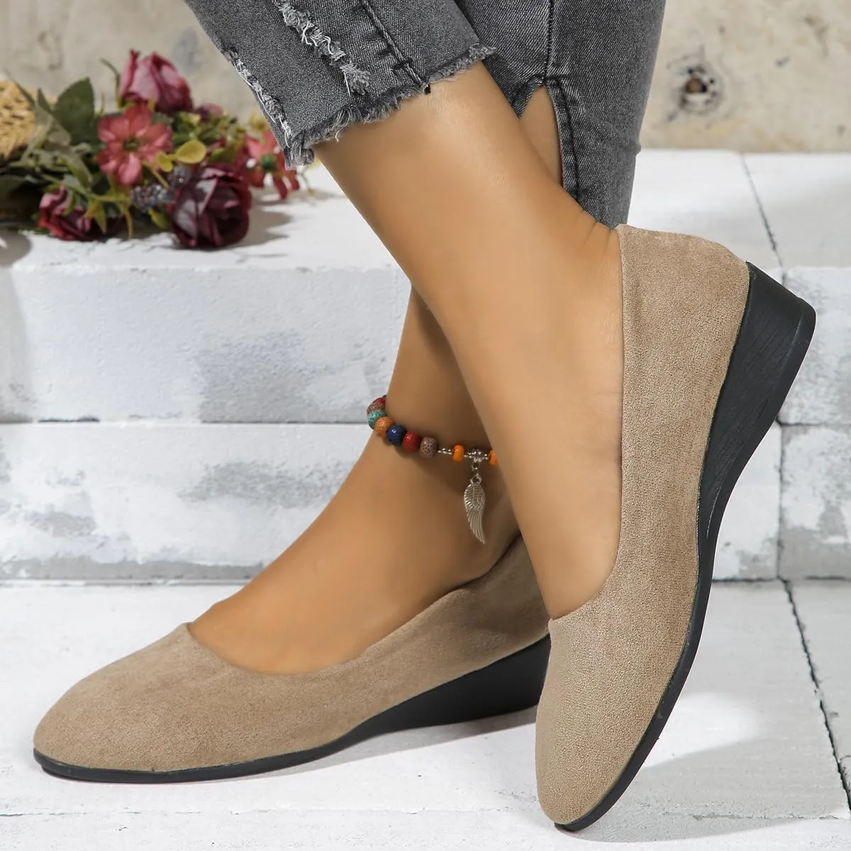 Comfortable Lightweight Anti-Slip Breathable Orthopedic Flat Shoes, Closed Toe Wedges for Women Low Heel, Ballet Wedge Wide Fit Dress Shoes