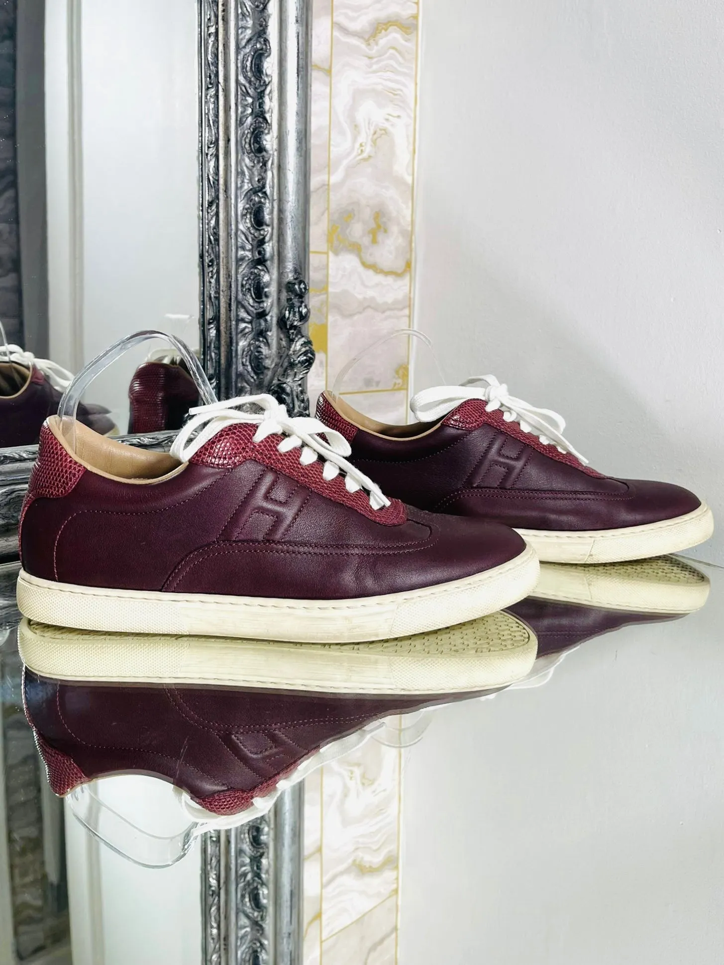 Hermes Leather & Lizard Skin 'H' Sneakers. Size 40