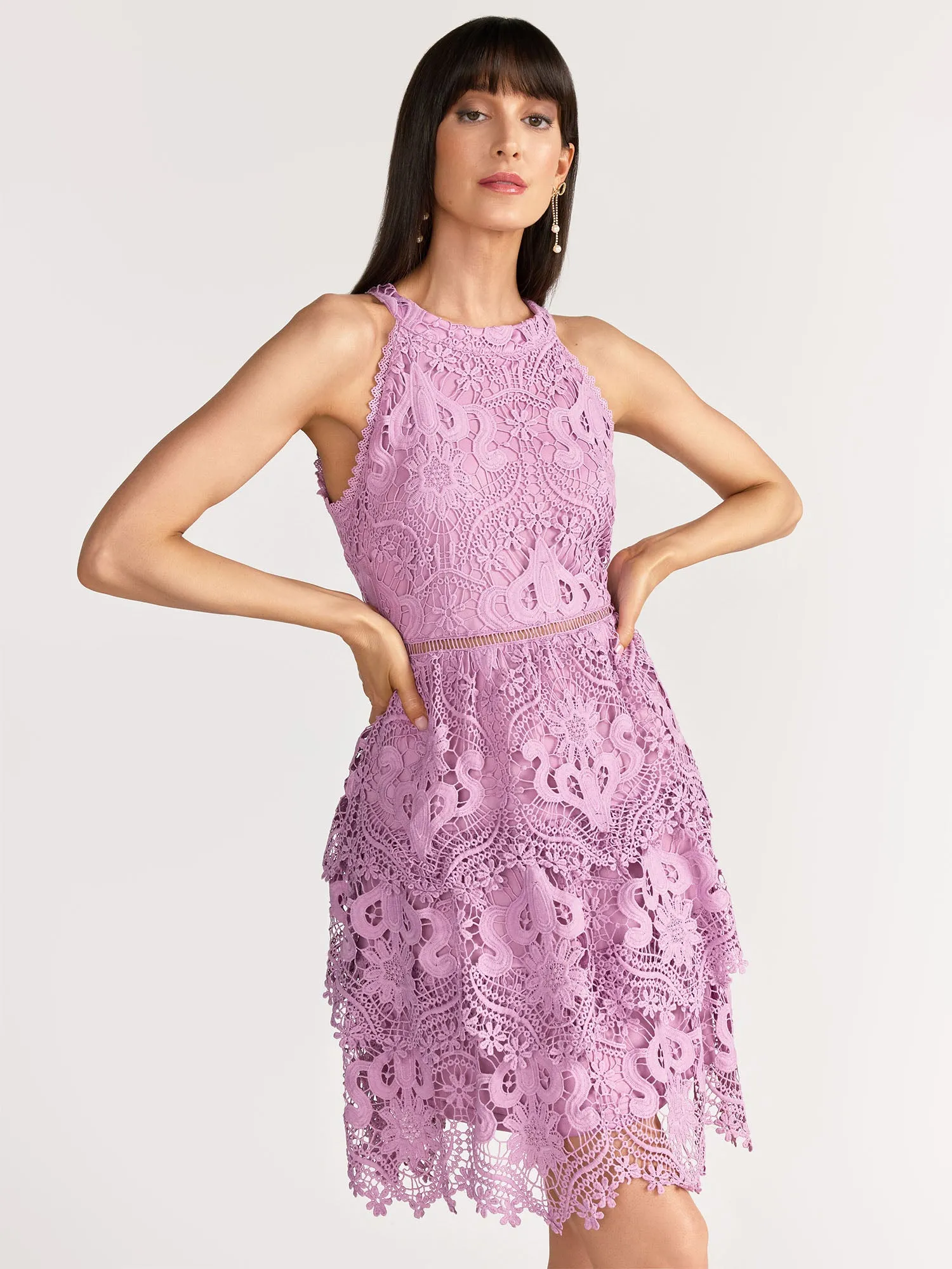 Just Me Sleeveless Halter Neck Floral Embroidered Tiered Lace Dress - Brands We Love