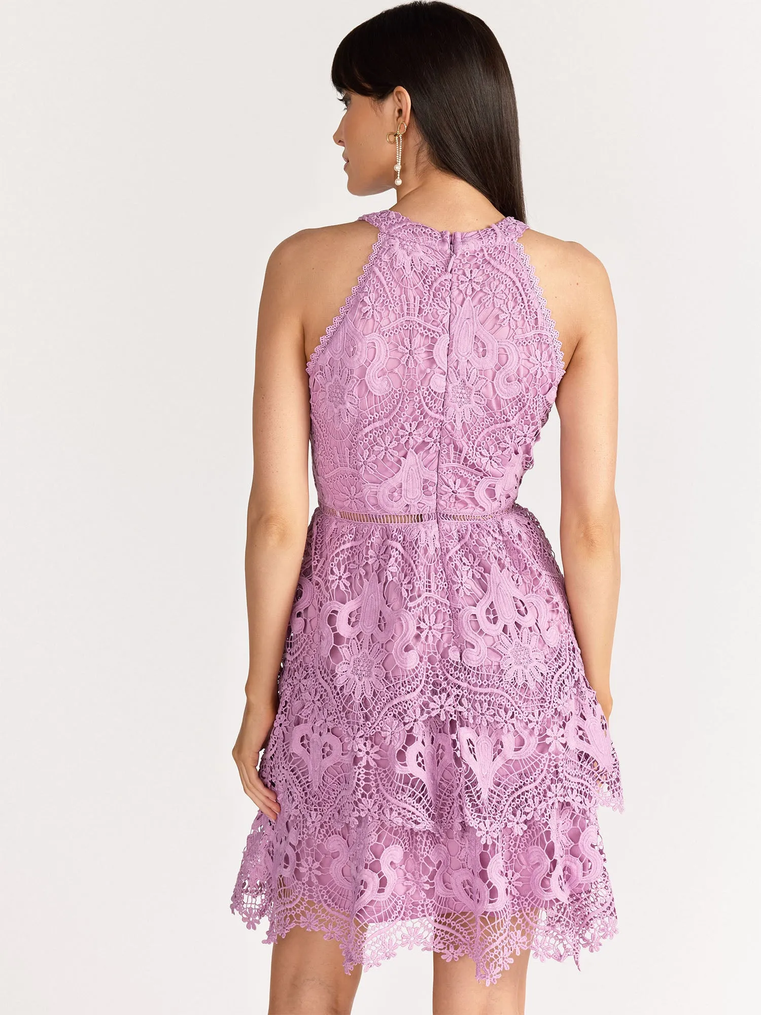 Just Me Sleeveless Halter Neck Floral Embroidered Tiered Lace Dress - Brands We Love