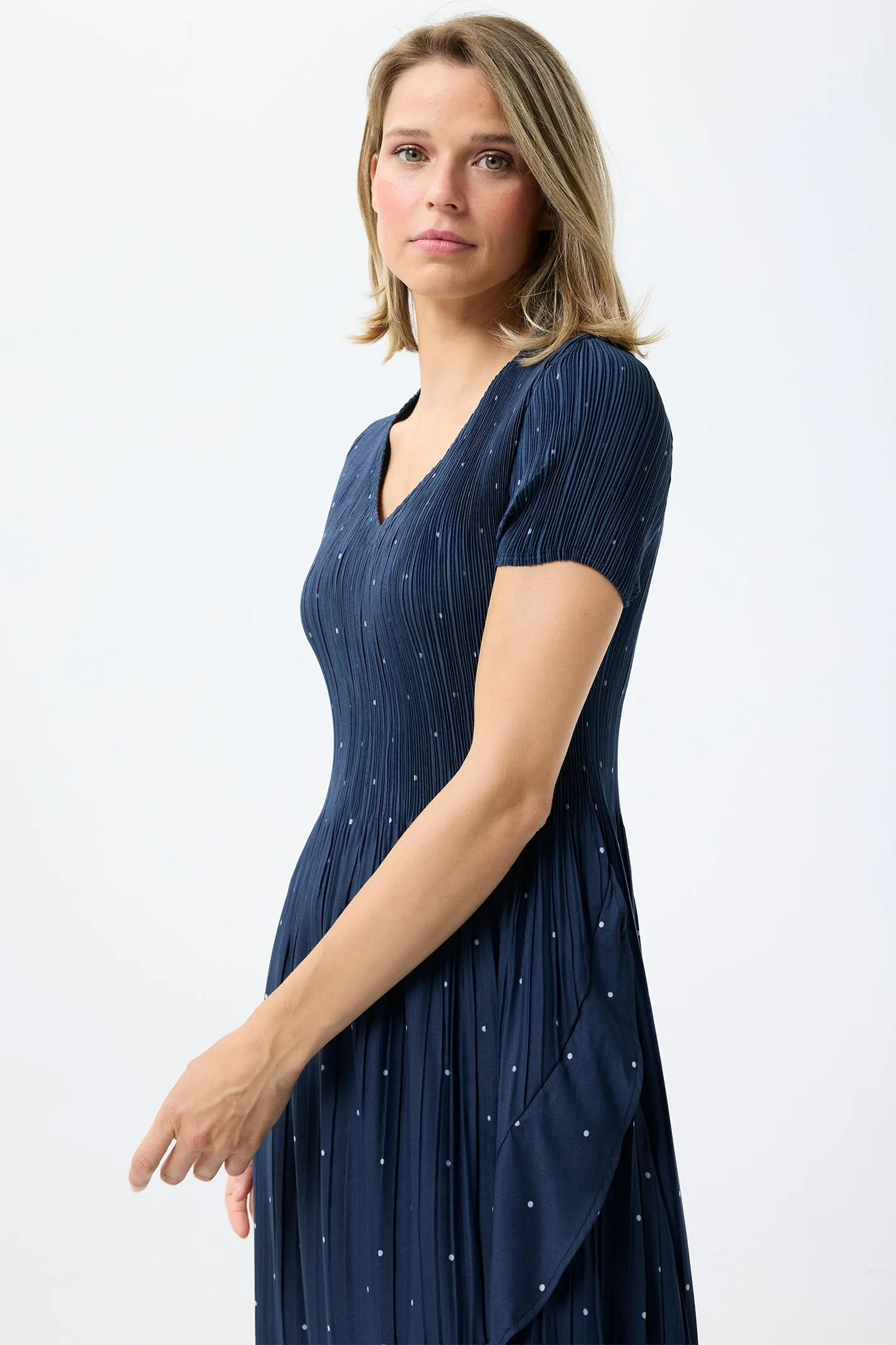 Leo & Ugo Dress Navy White Polka Dot Stretch Pleat KER856