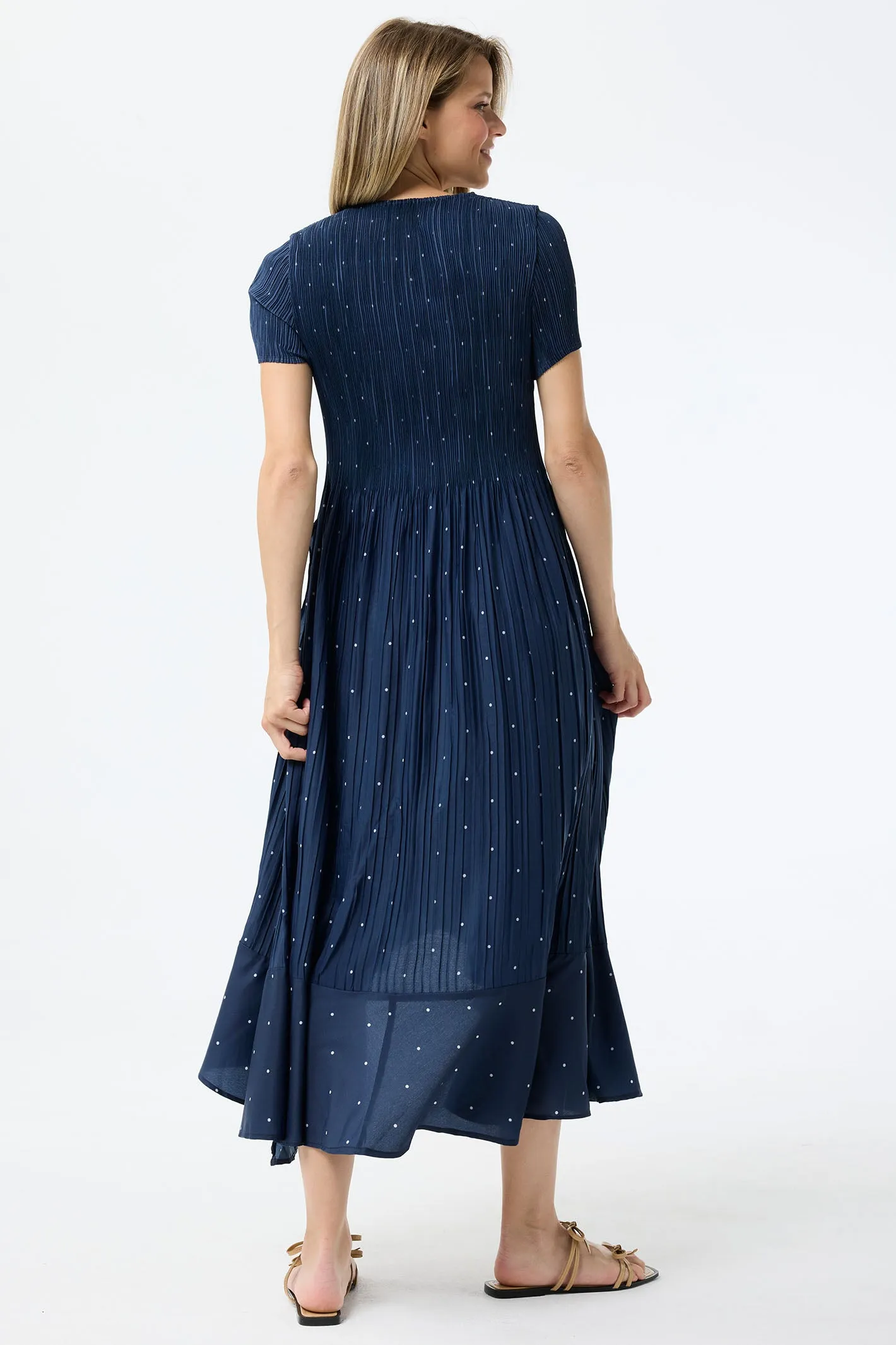 Leo & Ugo Dress Navy White Polka Dot Stretch Pleat KER856