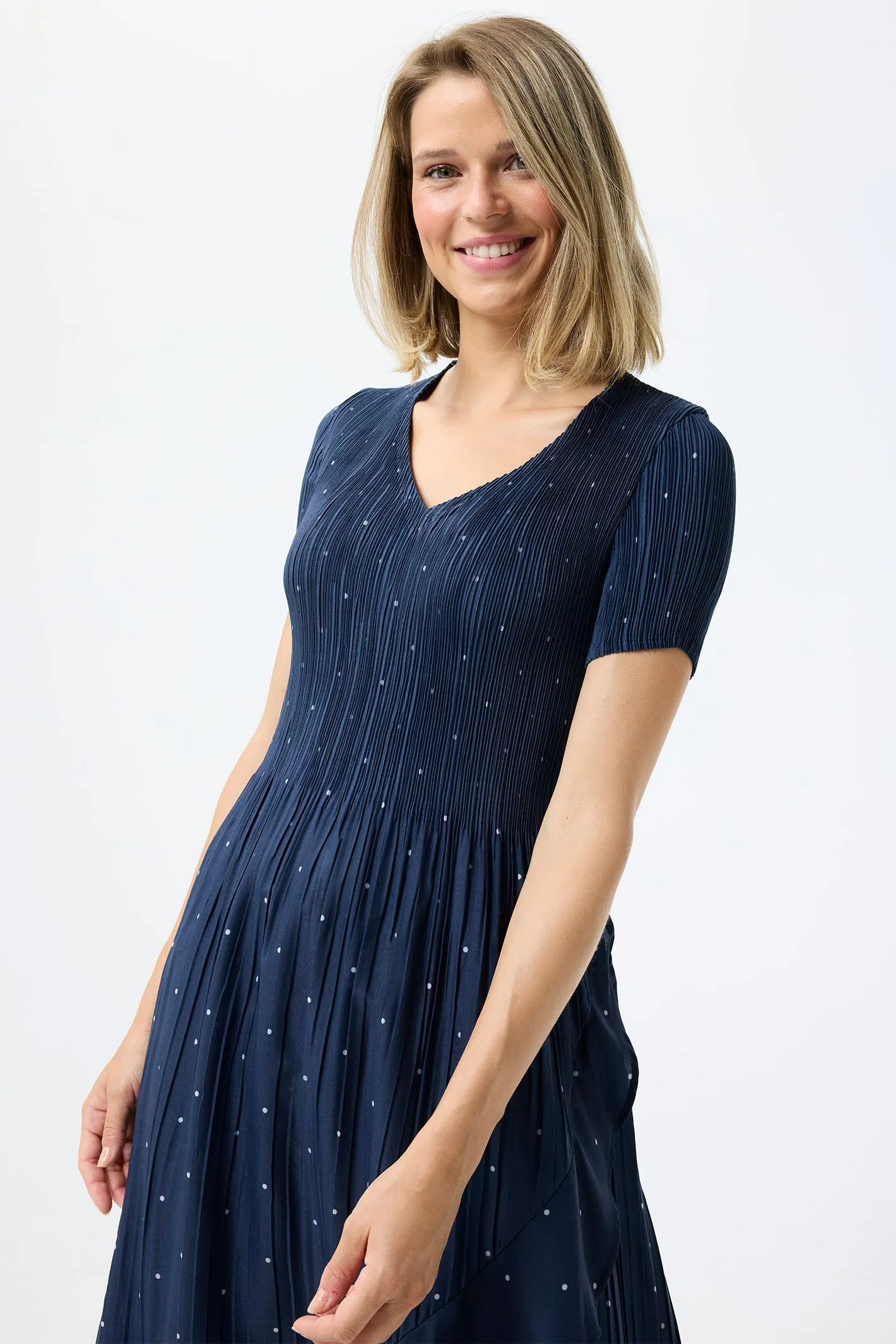 Leo & Ugo Dress Navy White Polka Dot Stretch Pleat KER856