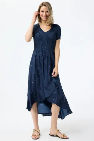 Leo & Ugo Dress Navy White Polka Dot Stretch Pleat KER856