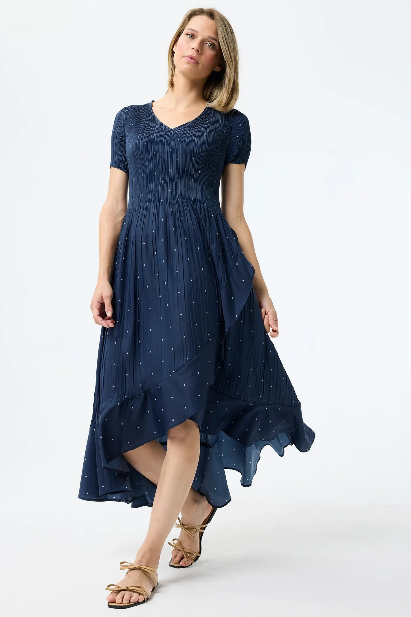 Leo & Ugo Dress Navy White Polka Dot Stretch Pleat KER856