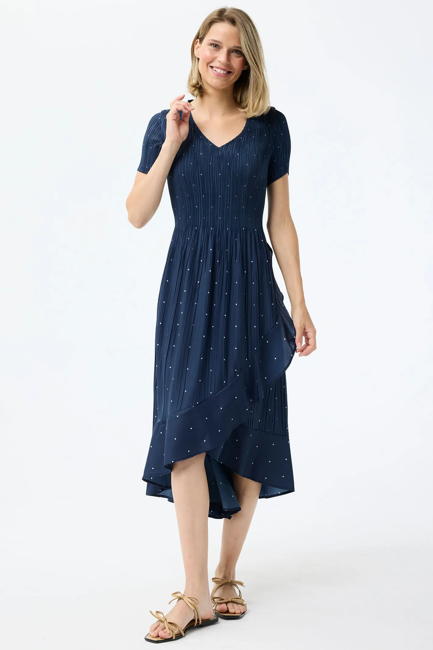 Leo & Ugo Dress Navy White Polka Dot Stretch Pleat KER856