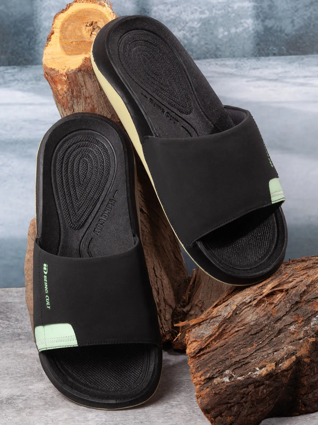 Men's Black/Green Active Graphic Printed Slider (IX5019)