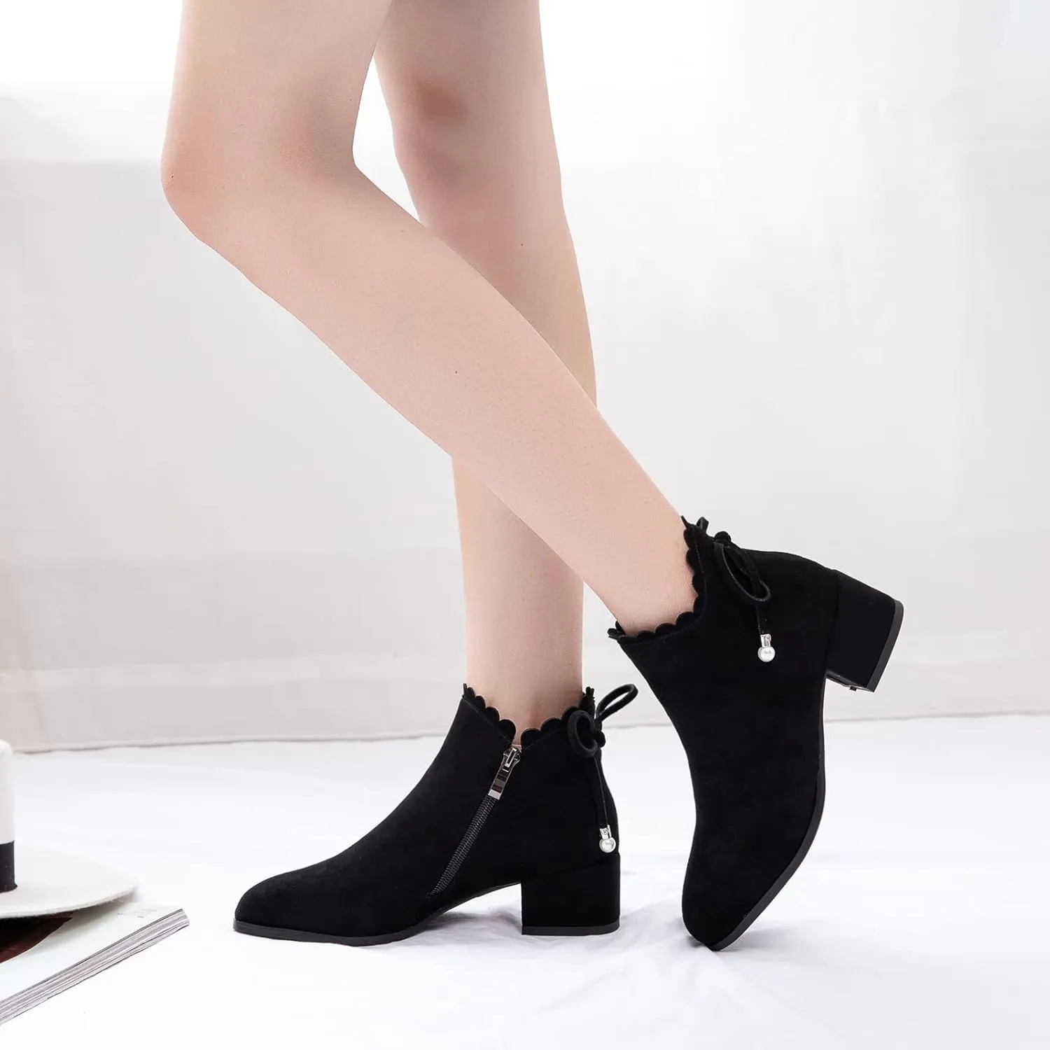 Mid Block Heel Square Toe Suede Women Ankle Boots