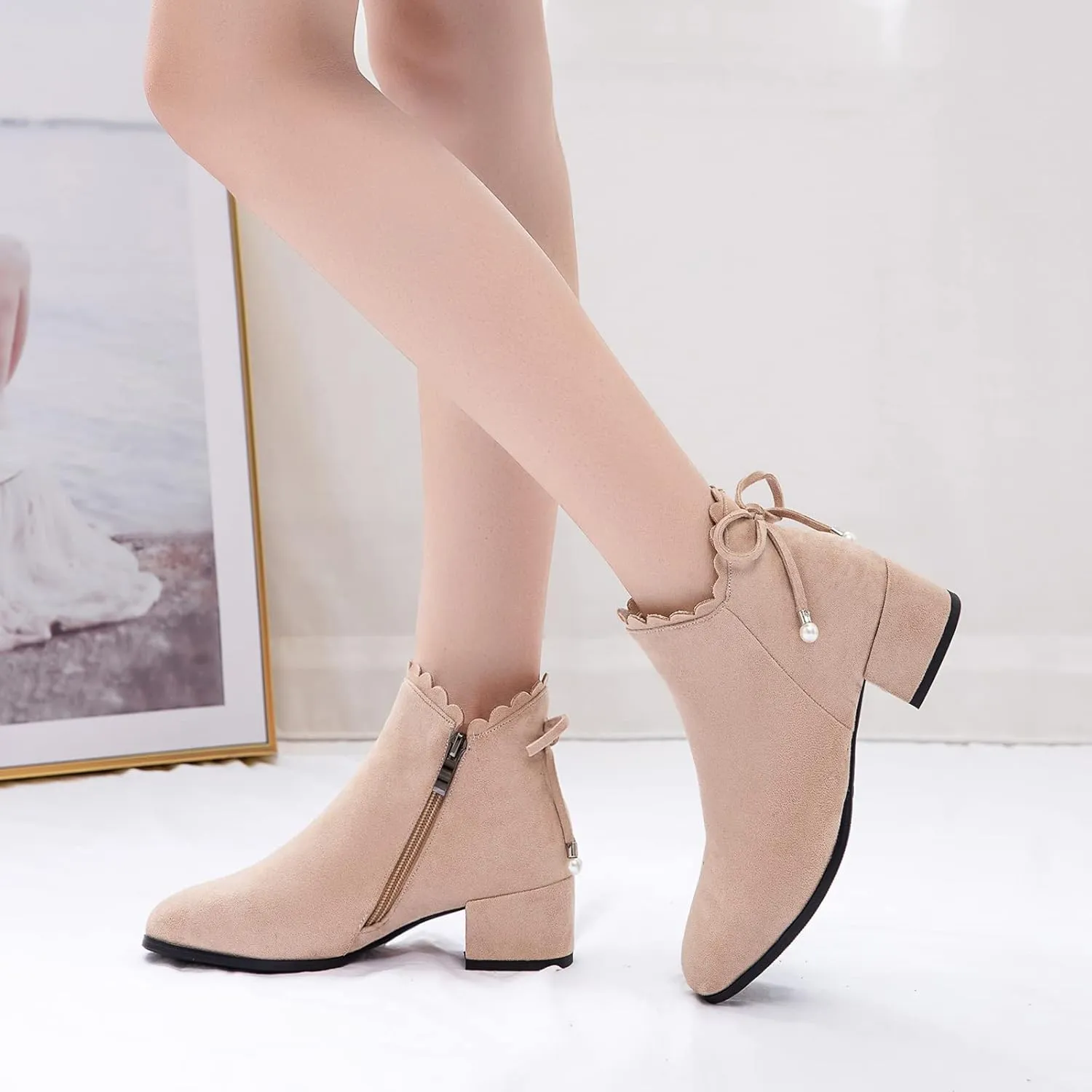 Mid Block Heel Square Toe Suede Women Ankle Boots