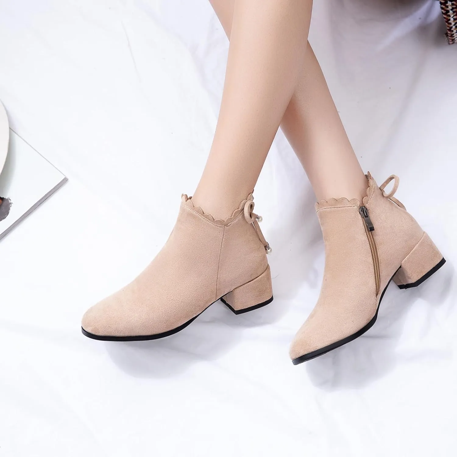 Mid Block Heel Square Toe Suede Women Ankle Boots