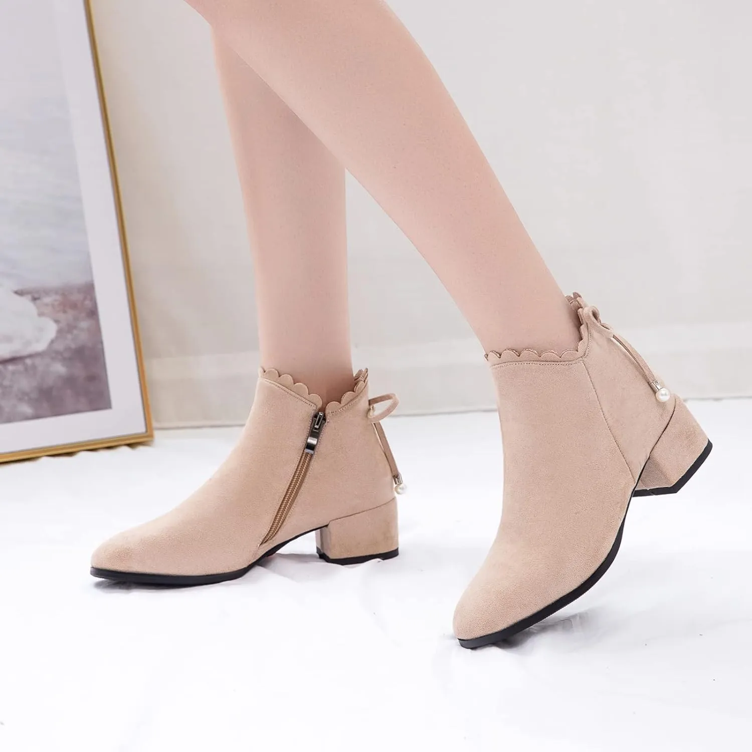 Mid Block Heel Square Toe Suede Women Ankle Boots