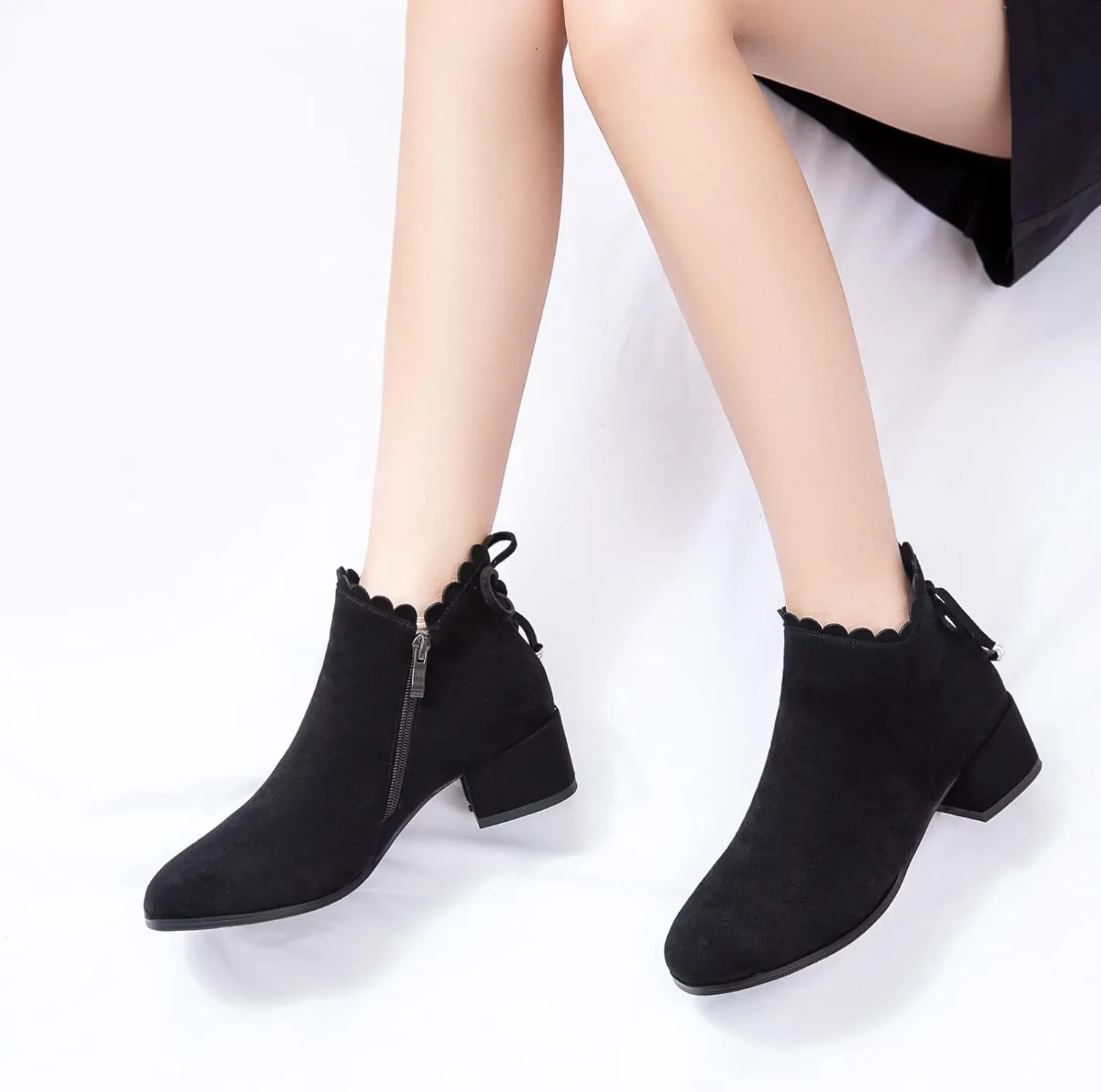 Mid Block Heel Square Toe Suede Women Ankle Boots