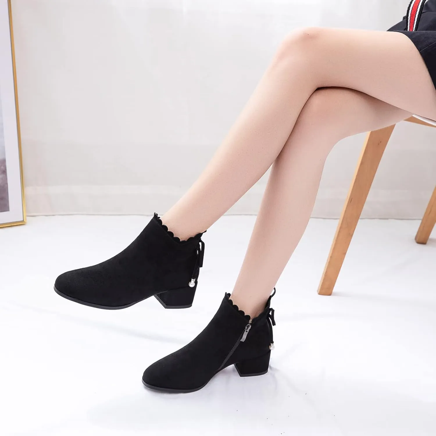 Mid Block Heel Square Toe Suede Women Ankle Boots