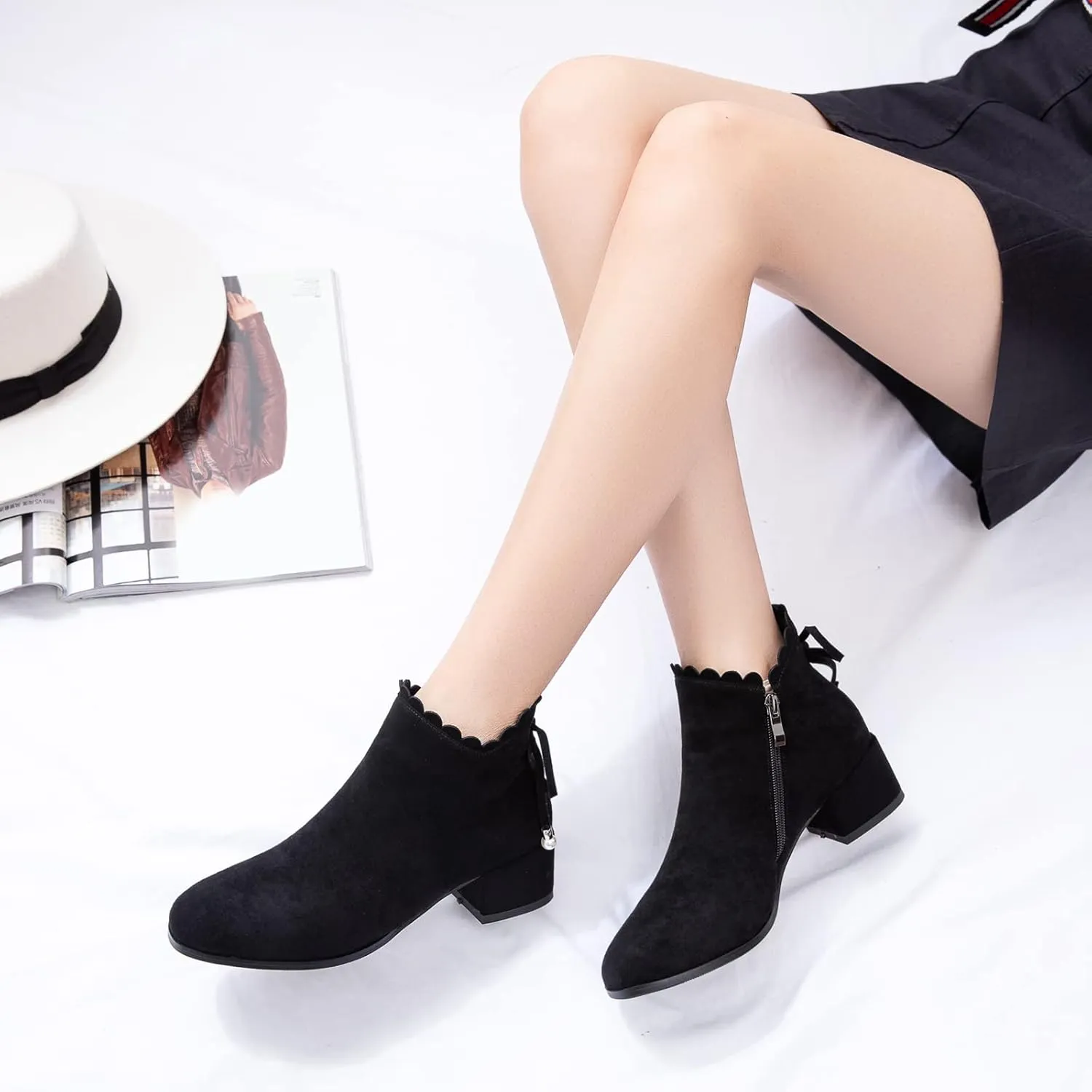 Mid Block Heel Square Toe Suede Women Ankle Boots