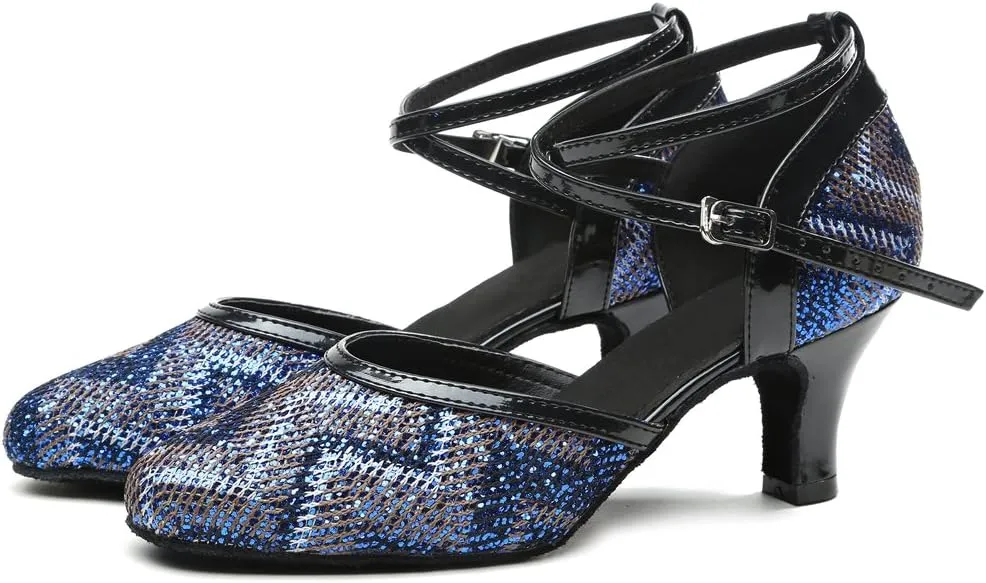 Minishion GL248 Women's Printed Glitter Ballroom Latin Dance Shoes Evening Pumps