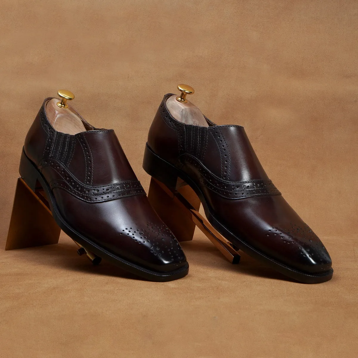 Sleek Italian Toe Slip-On Shoe in Dark Brown Punching Brogue Leather