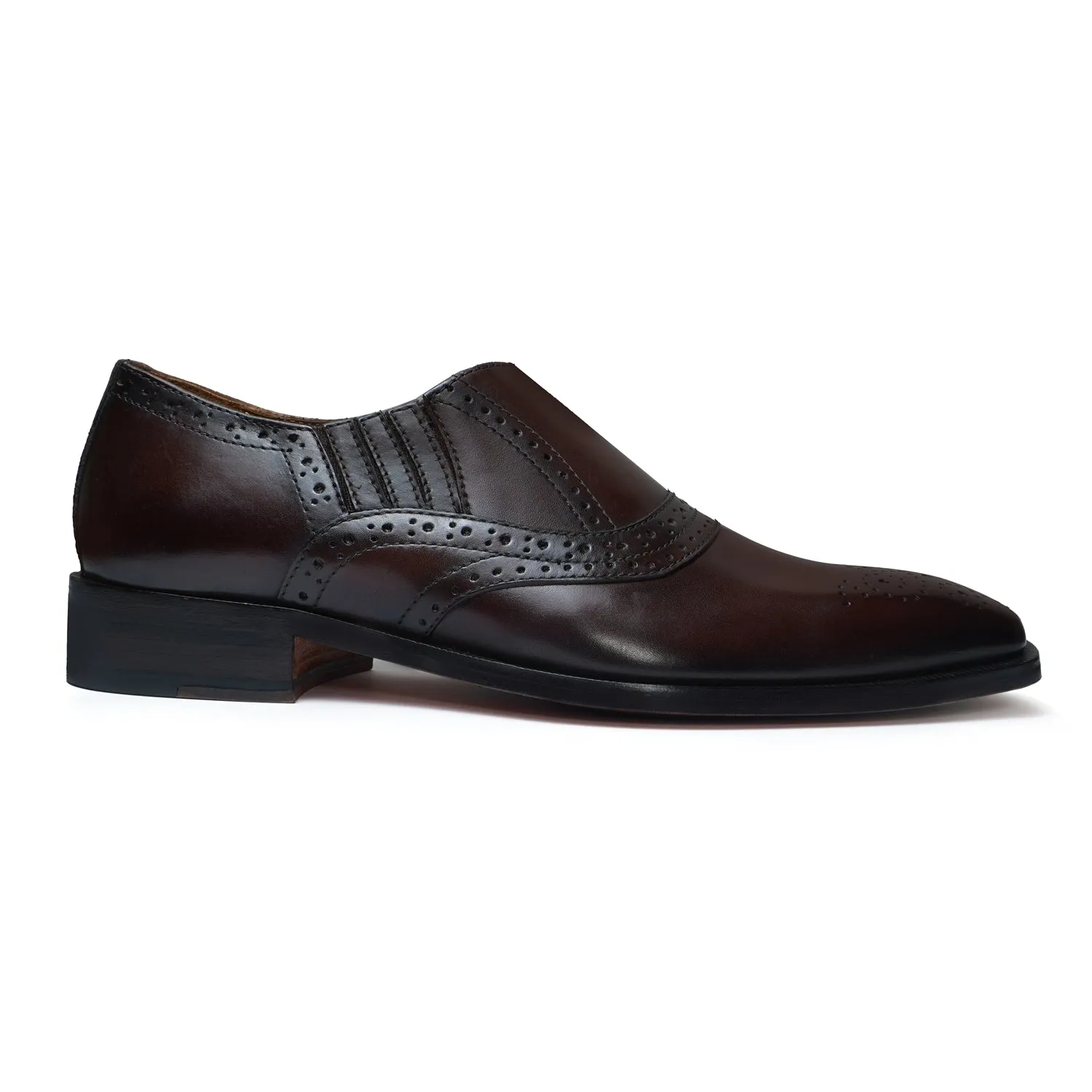 Sleek Italian Toe Slip-On Shoe in Dark Brown Punching Brogue Leather