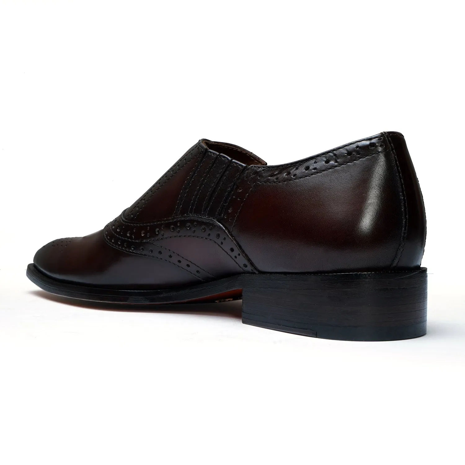 Sleek Italian Toe Slip-On Shoe in Dark Brown Punching Brogue Leather