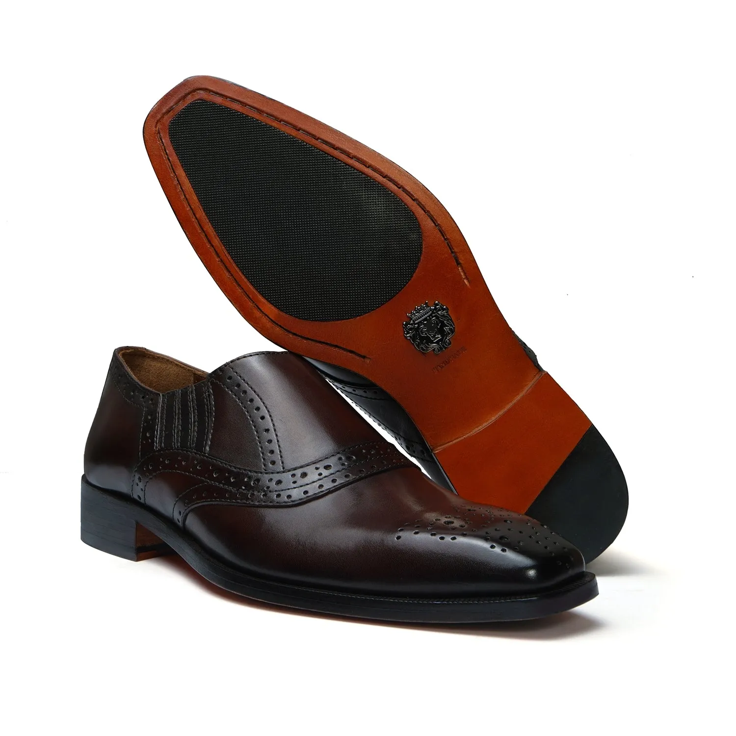 Sleek Italian Toe Slip-On Shoe in Dark Brown Punching Brogue Leather