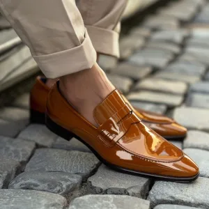 Tan Patent Leather Dario Slip On Pointed Loafer Shoes
