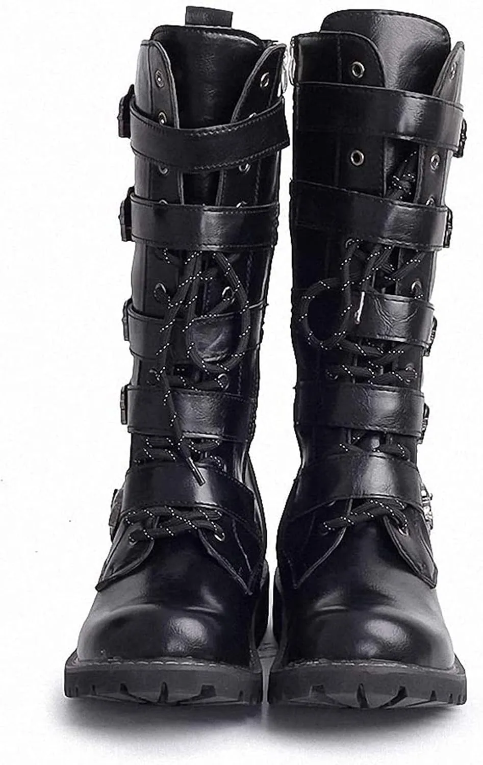 Tebapi Men's Leather Motorcycle Long Boots Side Zipper Waterproof Biker Riding Punk Rock Round Toe Cowboy Western Tactical Army Boot Black Lace up Men Shoes