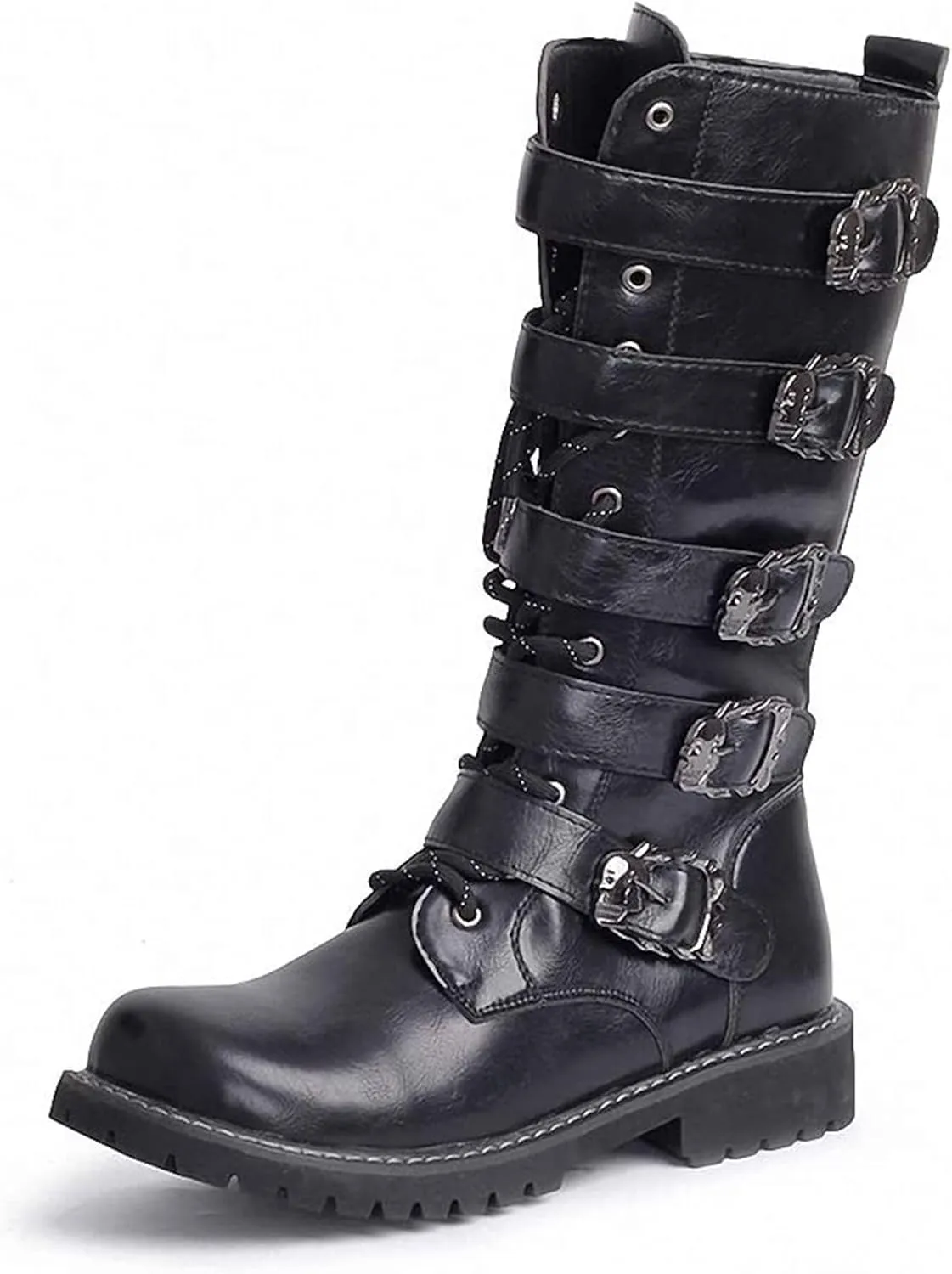 Tebapi Men's Leather Motorcycle Long Boots Side Zipper Waterproof Biker Riding Punk Rock Round Toe Cowboy Western Tactical Army Boot Black Lace up Men Shoes