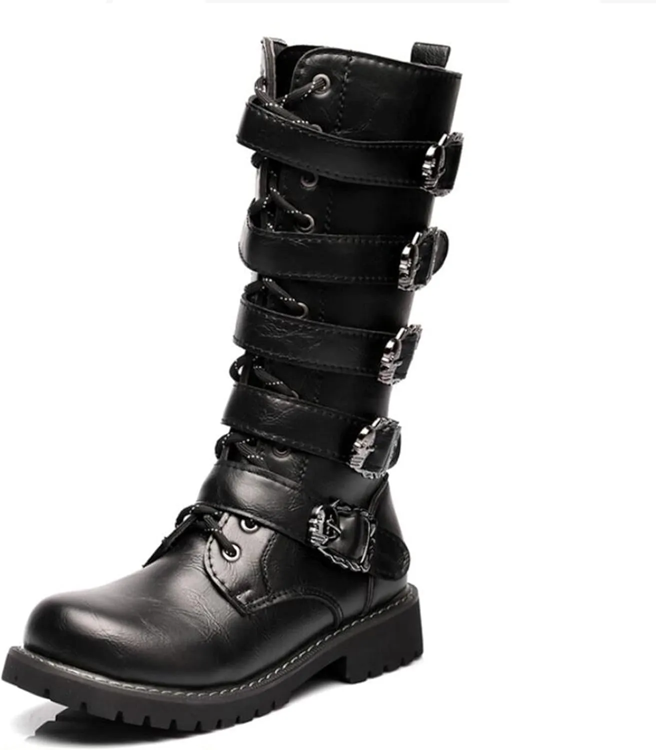 Tebapi Men's Leather Motorcycle Long Boots Side Zipper Waterproof Biker Riding Punk Rock Round Toe Cowboy Western Tactical Army Boot Black Lace up Men Shoes