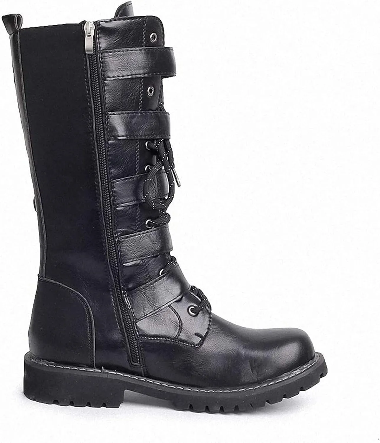Tebapi Men's Leather Motorcycle Long Boots Side Zipper Waterproof Biker Riding Punk Rock Round Toe Cowboy Western Tactical Army Boot Black Lace up Men Shoes
