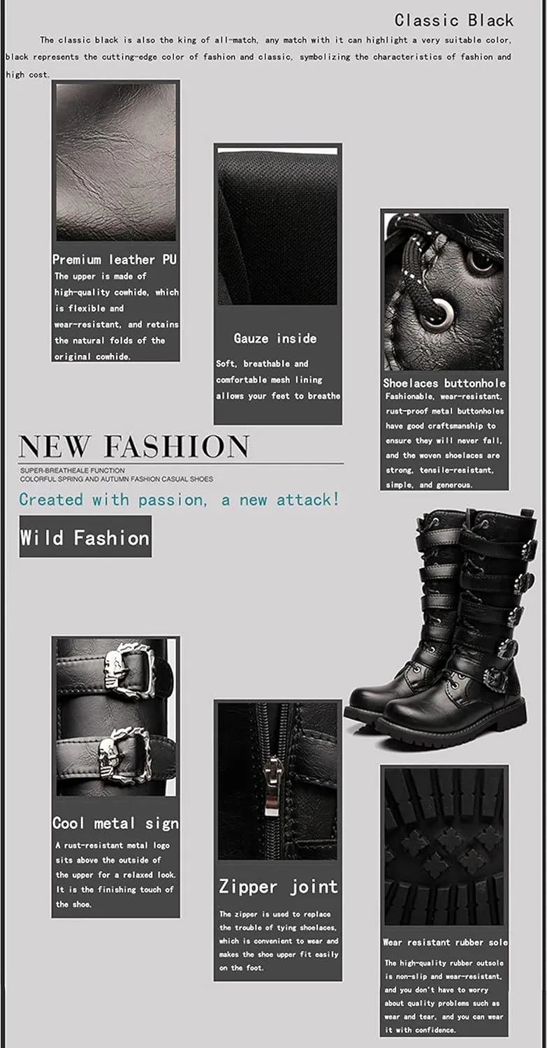 Tebapi Men's Leather Motorcycle Long Boots Side Zipper Waterproof Biker Riding Punk Rock Round Toe Cowboy Western Tactical Army Boot Black Lace up Men Shoes
