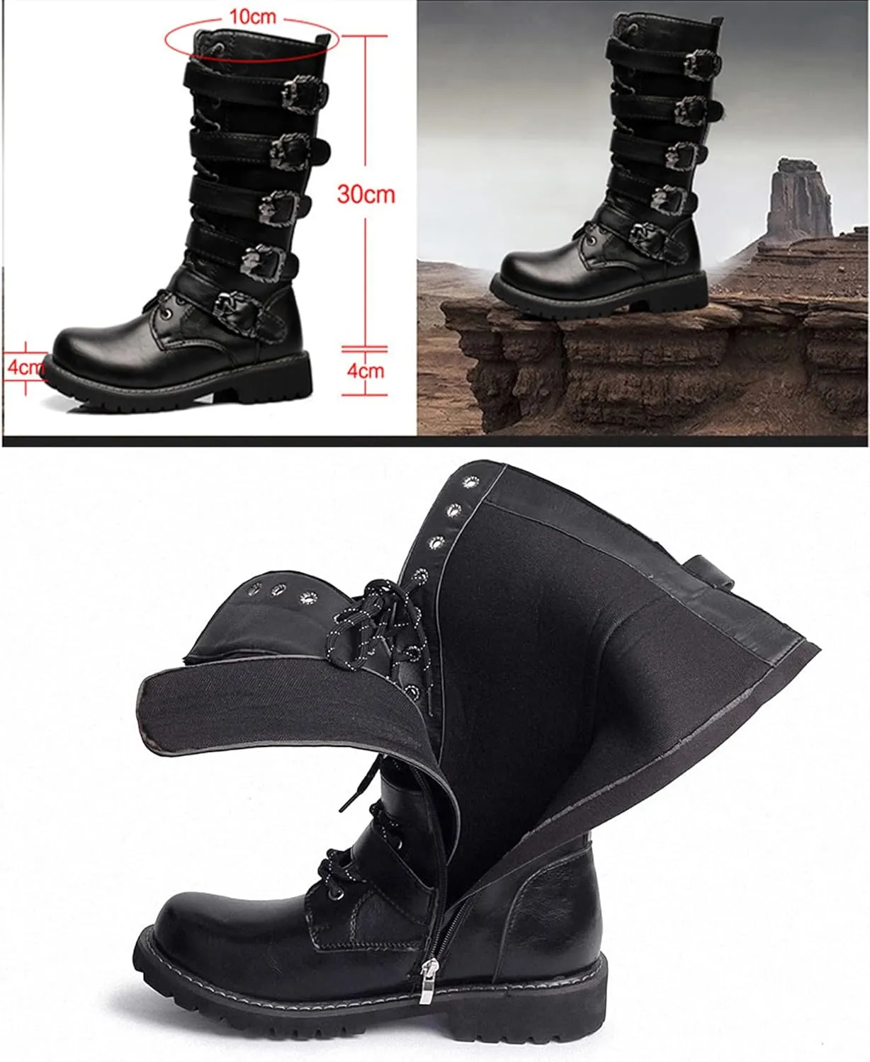 Tebapi Men's Leather Motorcycle Long Boots Side Zipper Waterproof Biker Riding Punk Rock Round Toe Cowboy Western Tactical Army Boot Black Lace up Men Shoes