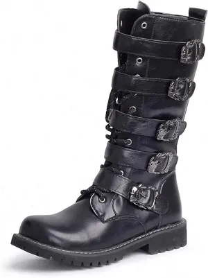 Tebapi Men's Leather Motorcycle Long Boots Side Zipper Waterproof Biker Riding Punk Rock Round Toe Cowboy Western Tactical Army Boot Black Lace up Men Shoes