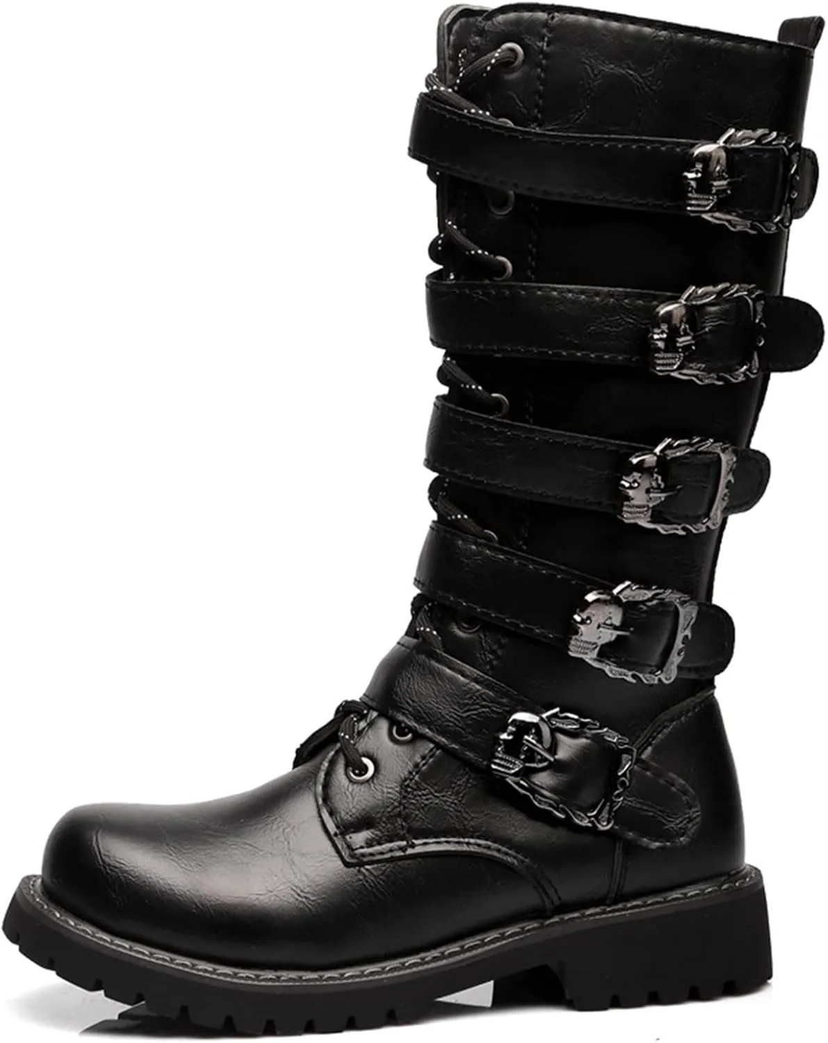 Tebapi Men's Leather Motorcycle Long Boots Side Zipper Waterproof Biker Riding Punk Rock Round Toe Cowboy Western Tactical Army Boot Black Lace up Men Shoes