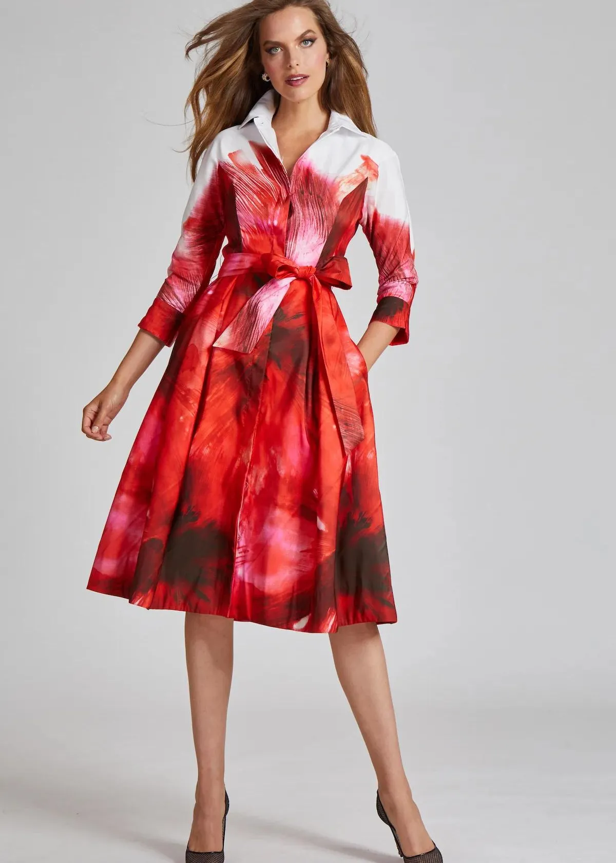 TERI JON Taffeta Fil Border Print Shirt Dress