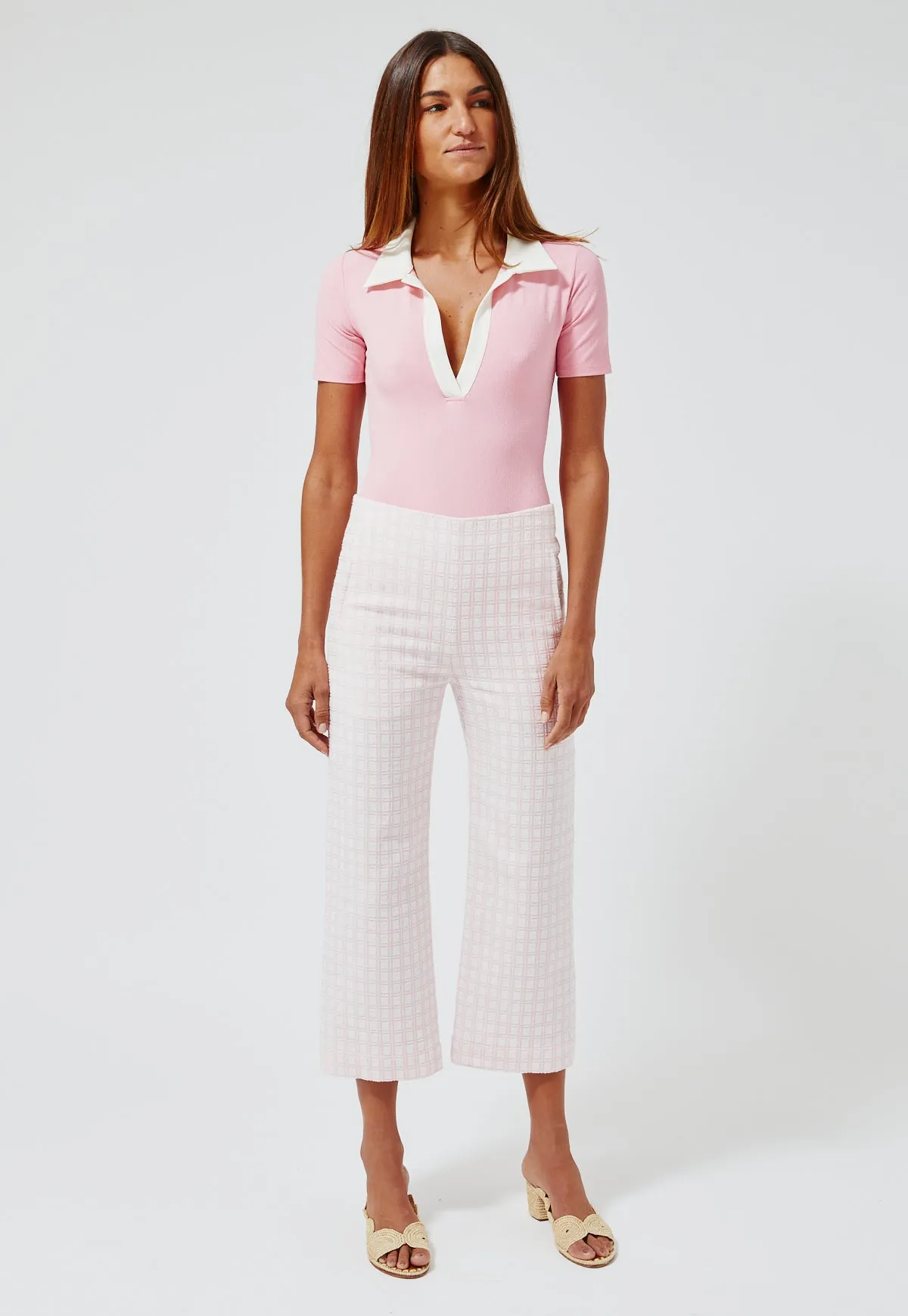THE STRAIGHT LEG TROUSER in VINTAGE PINK CHECK BOUCLE COTTON