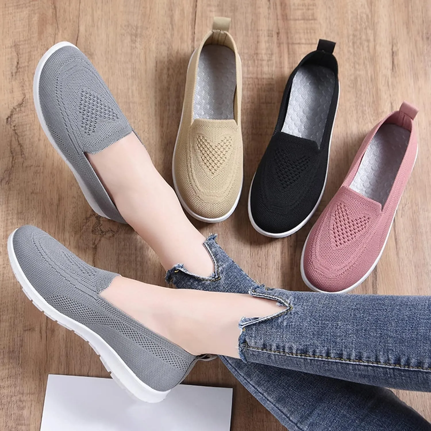 UGOSELEC Women's Mesh Walking Shoes Slip-on Sneakers,Non-Slip Breathable Athletic Comfortable Lightweight Flat Loafer Nurse Shoes