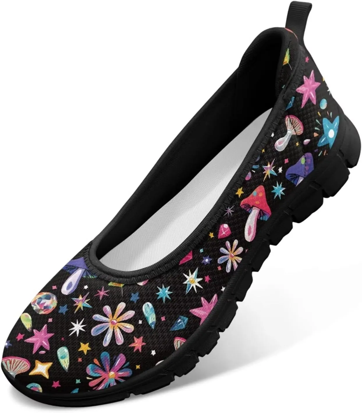 UNICEU Womens Mushroom Print Flats Shoes Casual Slip On Low Top Loafers Breathable Non-Slip Running Work Sneakers