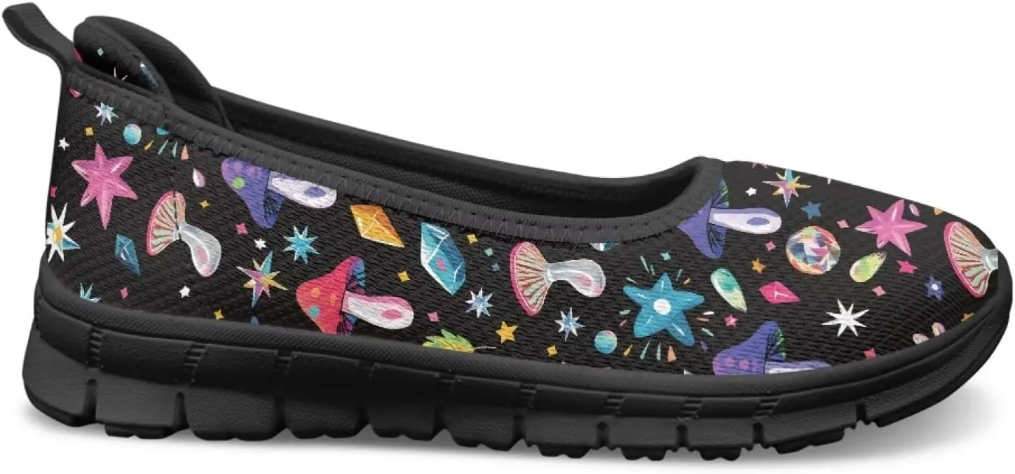 UNICEU Womens Mushroom Print Flats Shoes Casual Slip On Low Top Loafers Breathable Non-Slip Running Work Sneakers