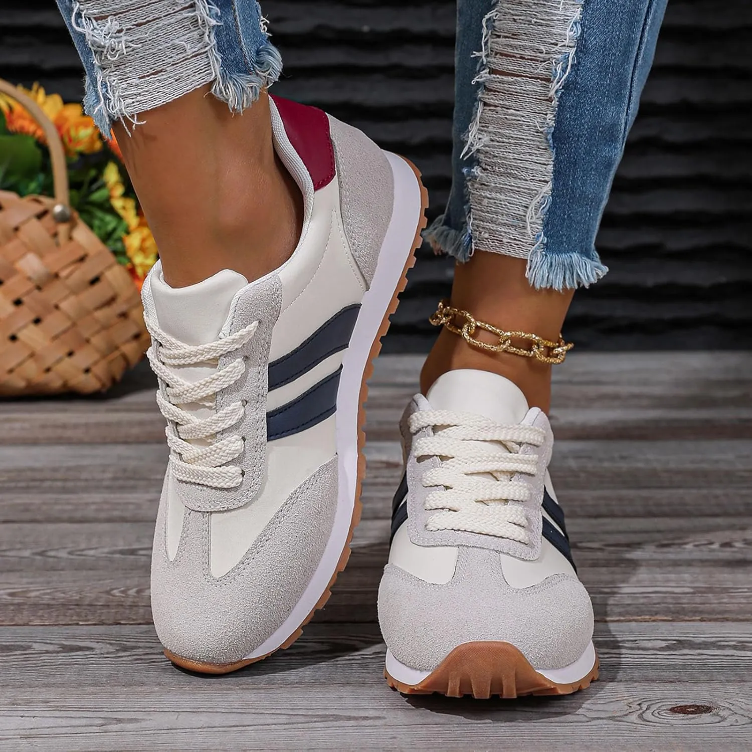 Women's Fashion Sneakers Leather Suede Patchwork Casual Walking Shoes Non-Slip Lace Up Sneakers Tennis Running Shoes