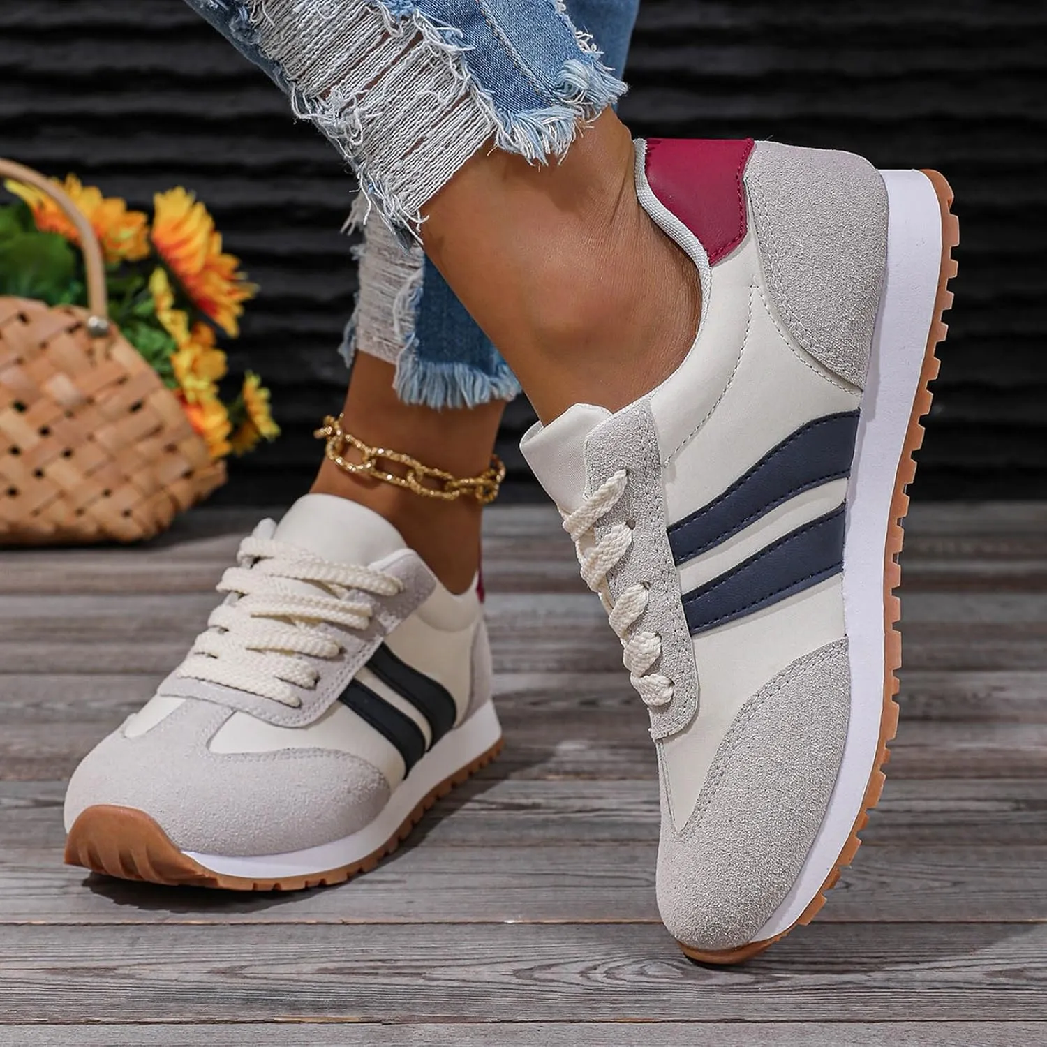 Women's Fashion Sneakers Leather Suede Patchwork Casual Walking Shoes Non-Slip Lace Up Sneakers Tennis Running Shoes