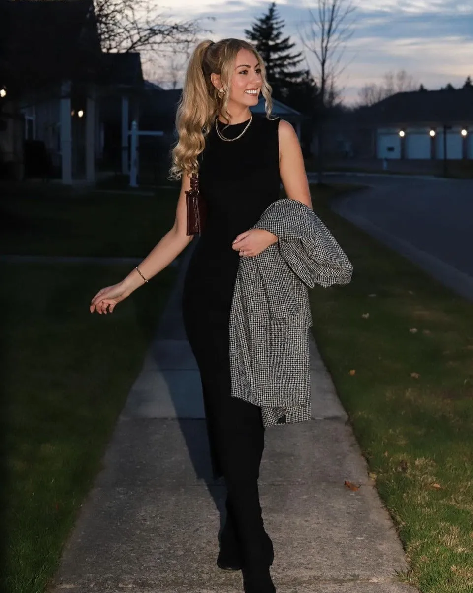ZESICA Mock Neck Ribbed Side Slit Bodycon Tank Midi Dress