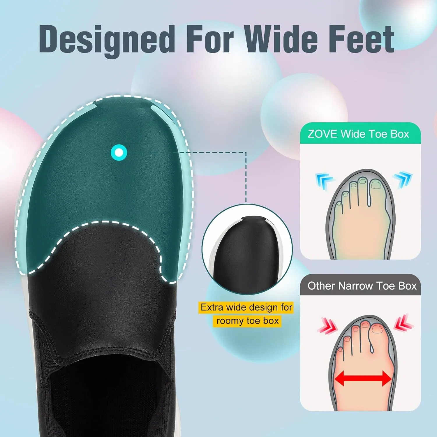 ZOVE Wide Toe Box Shoes Women Wide Width Waterproof Leather Hands Free Nursing Sneakers Ultra Light Extra Wide Walking Sneakers Non-Slip Chef Diabetes Nurse Work Shoes