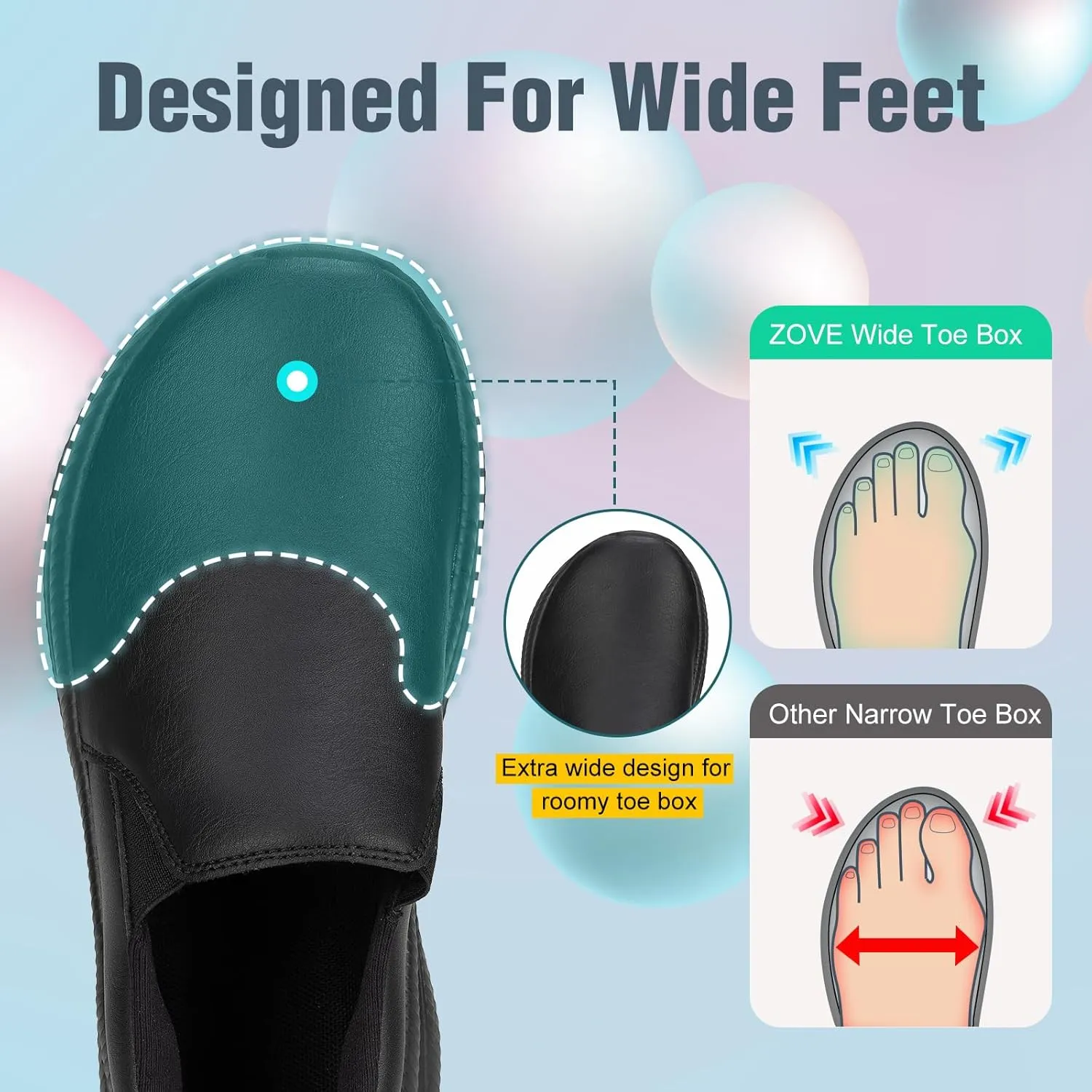 ZOVE Wide Toe Box Shoes Women Wide Width Waterproof Leather Hands Free Nursing Sneakers Ultra Light Extra Wide Walking Sneakers Non-Slip Chef Diabetes Nurse Work Shoes